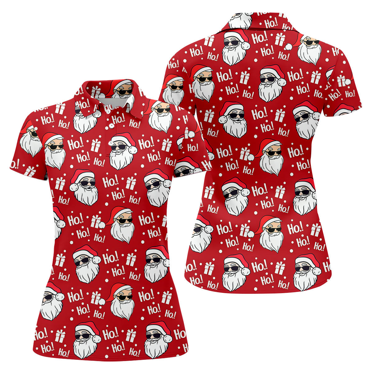 Santa Claus Pattern Christmas Red Fun Women's Golf Shirts, Christmas Golf Shirt, Ladies Golf Shirts