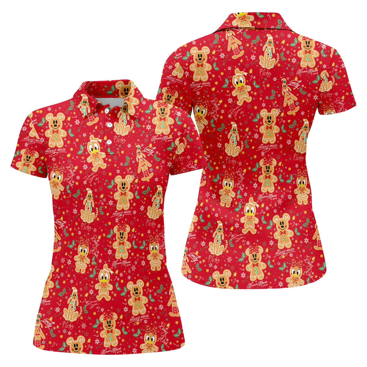 Cute Gingerbread Classic Cartoon Characters Christmas Golf Shirt, Women's Golf Tops, Ladies Golf Gift Ideas