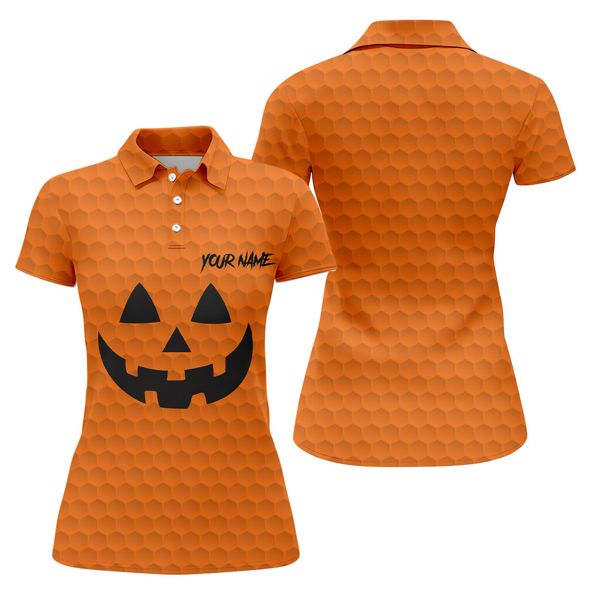 Halloween Pumpkin Face Custom Name Fun Women's Golf Shirts, Ladies Golf Tops, Golf Gifts For Women