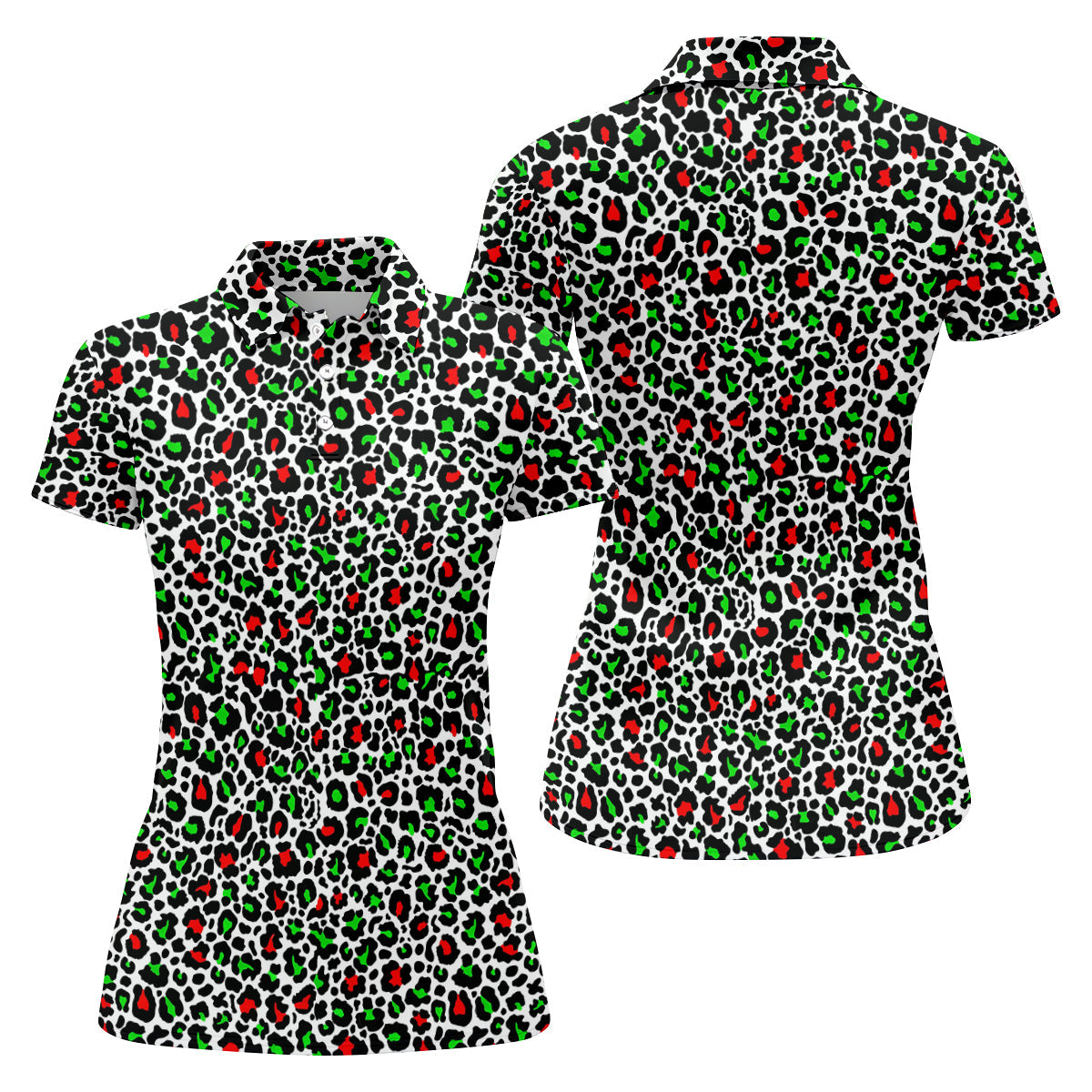 Leopard Pattern Xmas Pine Tree Green And Red Women's Golf Tops, Christmas Golf Shirt, Ladies Golf Shirts