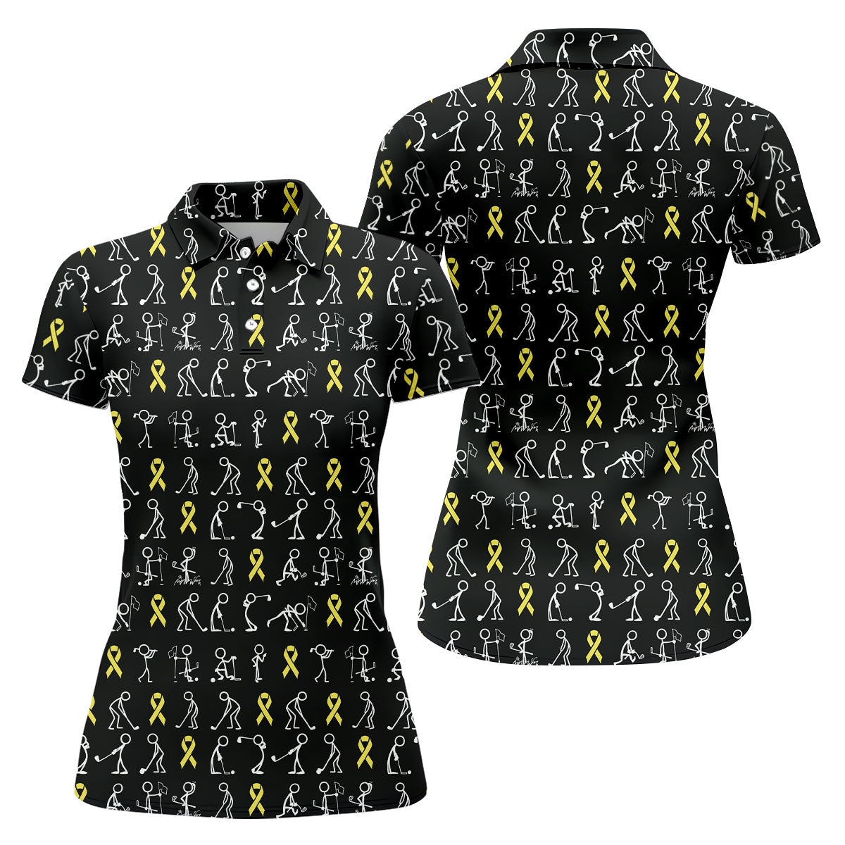 Funny Stick Figure Women's Golf Shirt, Childhood Cancer Awareness Shirt, Yellow Ribbon Golf Shirts For Women