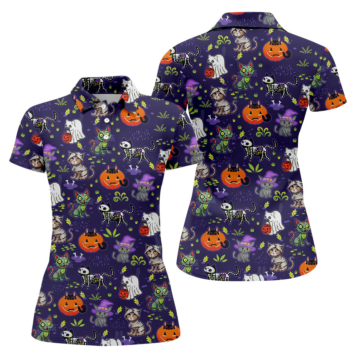 Purple Halloween Cats And Pumpkin Fun Women's Golf Shirts, Cute Golf Outfit, Ladies Golf Shirts