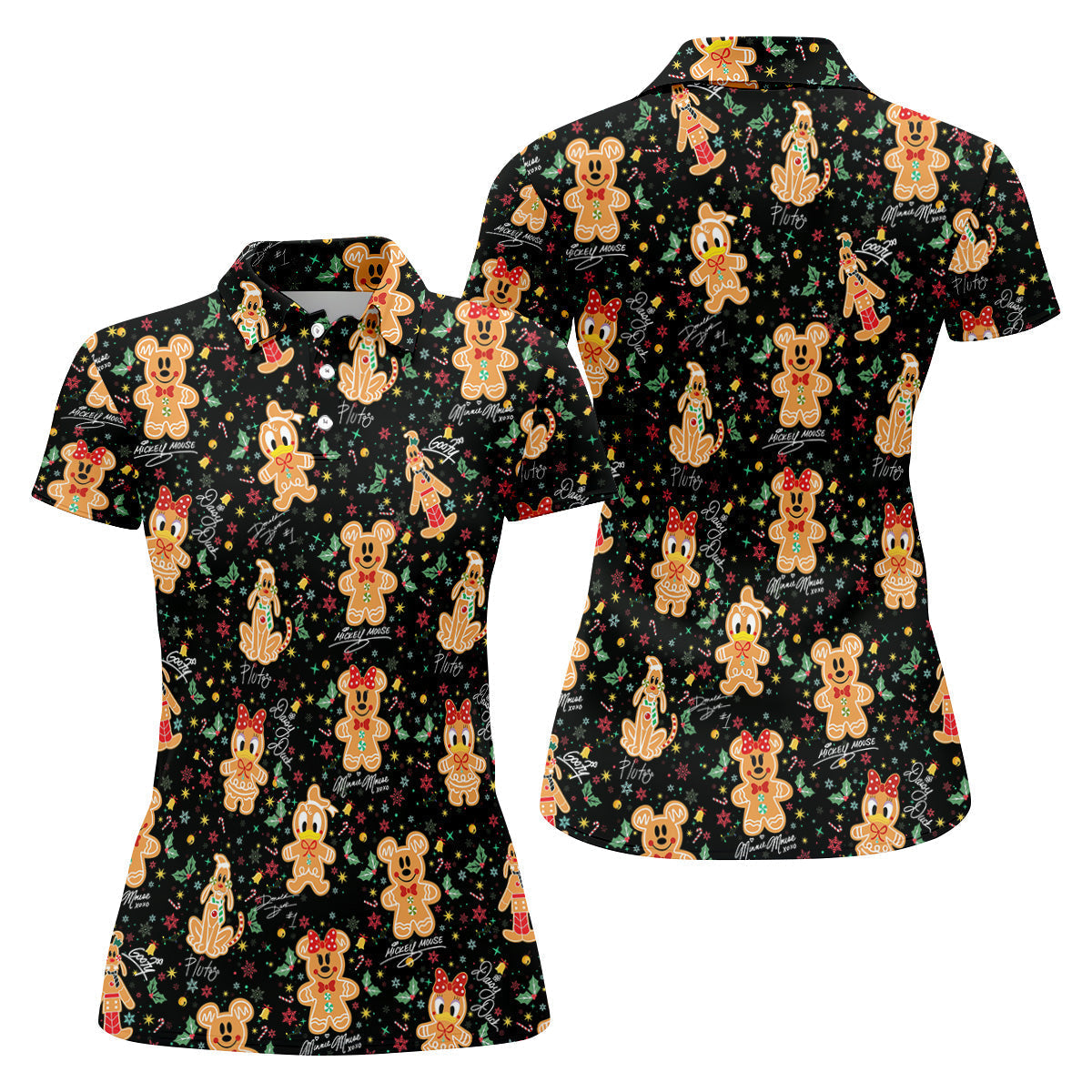 Cute Gingerbread Classic Cartoon Characters Christmas Golf Shirt, Black Golf Shirt, Women's Golf Tops