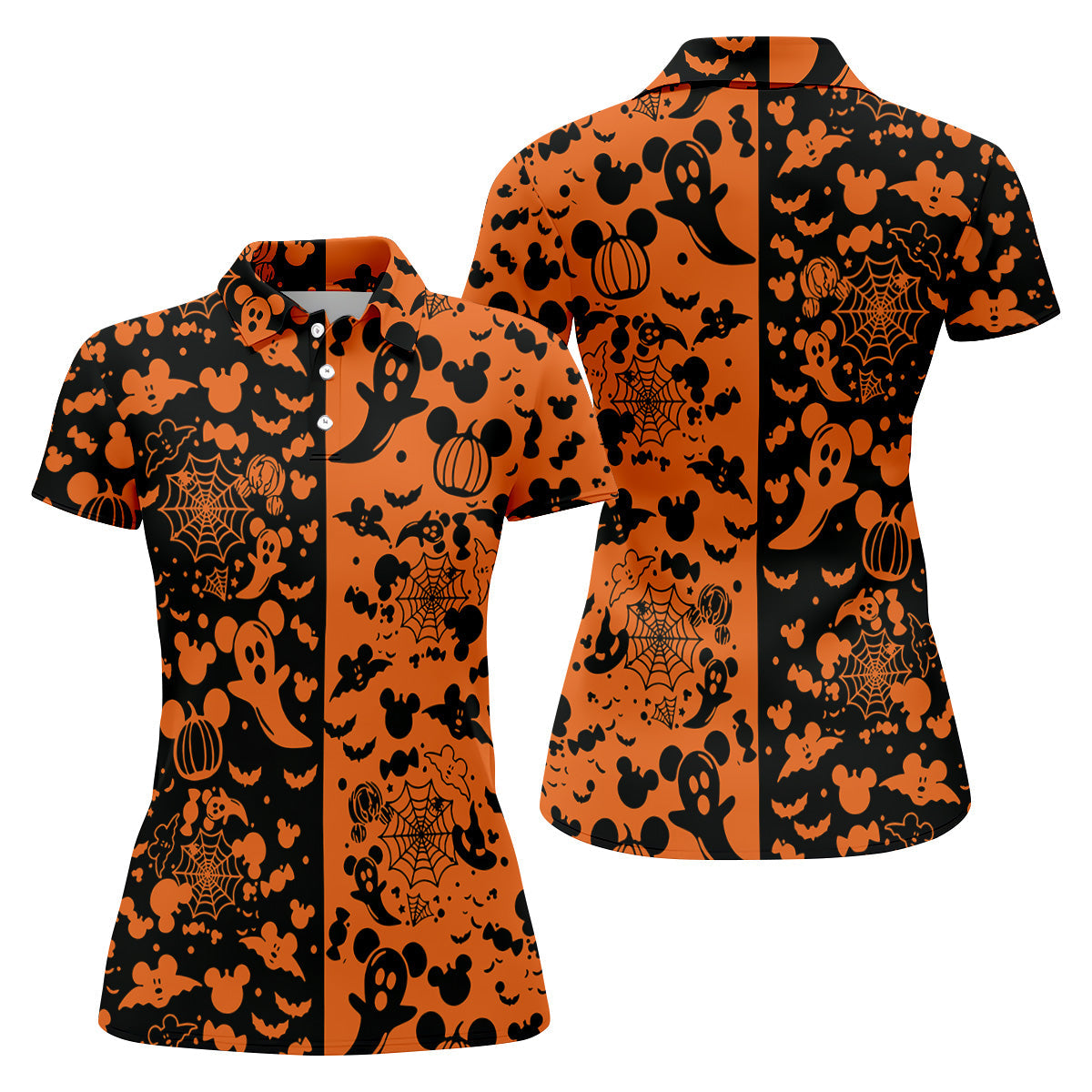 Cute Animated Ghost Black And Orange Halloween Golf Shirt, Fun Women's Golf Shirts, Ladies Golf Polos