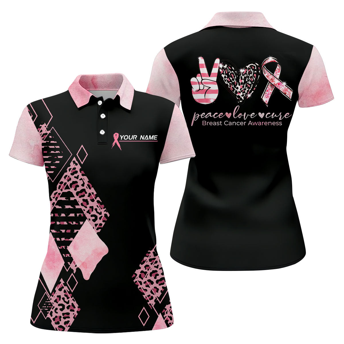 Peace Love Cure Women's Golf Shirt, Breast Cancer Awareness Shirt, Pink Leopard Golf Shirt, Golf Gift For Women