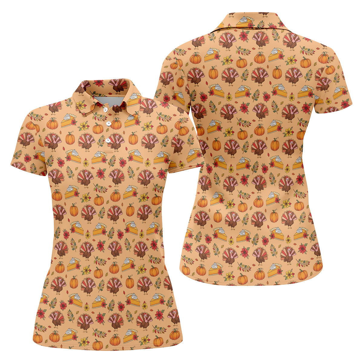 Cute Thanksgiving Turkey Pumpkin Pie Women's Golf Tops, Orange Golf Shirt, Thanksgiving Golf Gift For Ladies