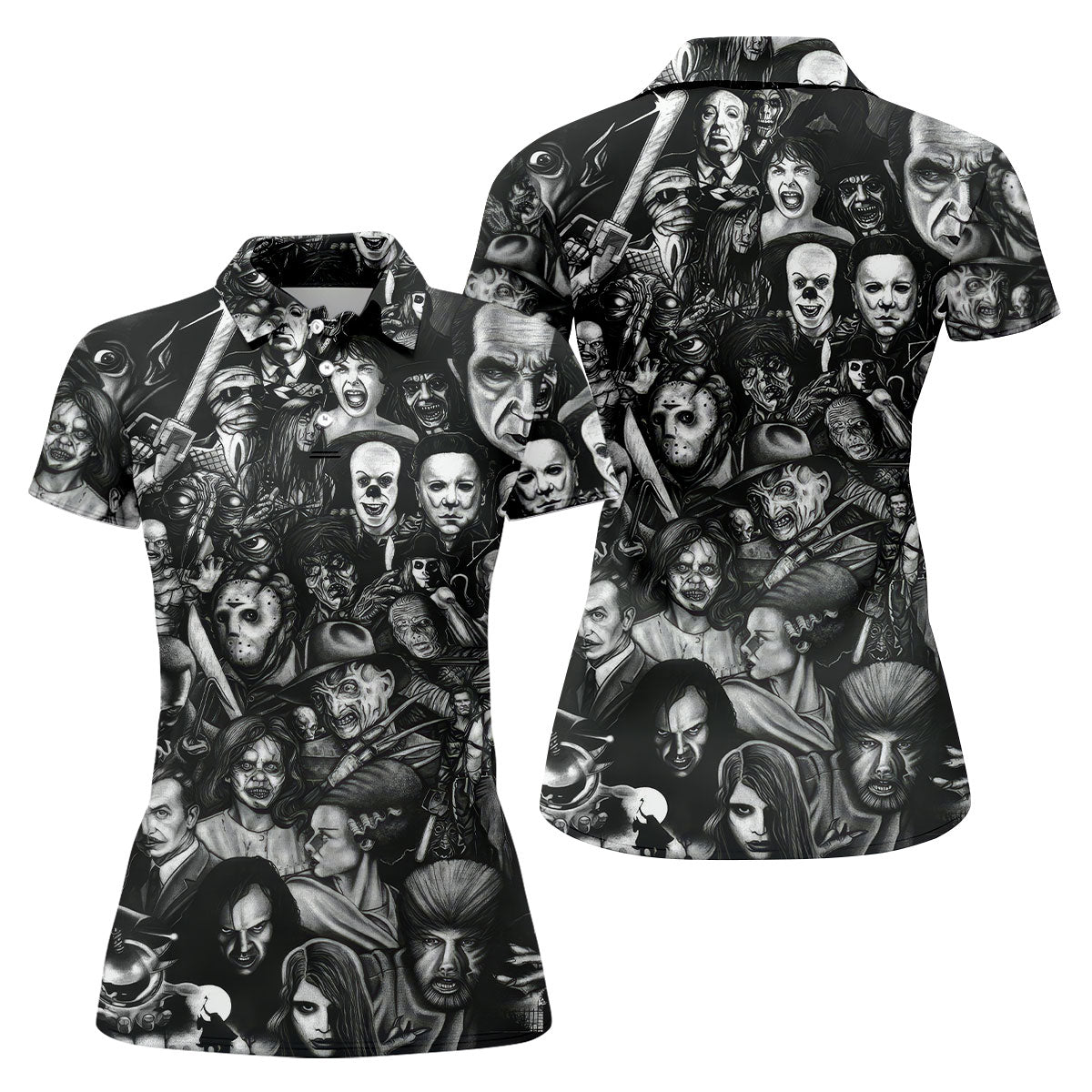 Classic Horror Characters Black And White Golf Polo, Golf Shirt For Women, Halloween Golf Shirt