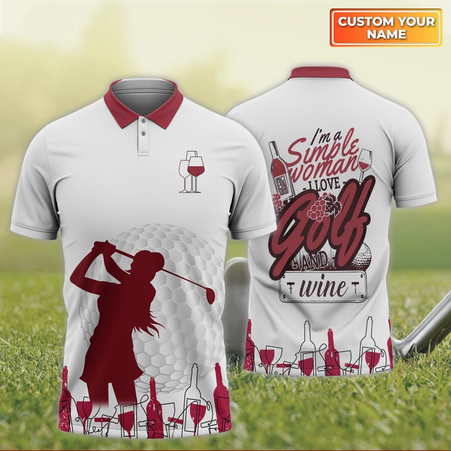 I'm A Simple Woman Love Golf And Wine - Personalized Name 3D Polo ShirtGolfers
