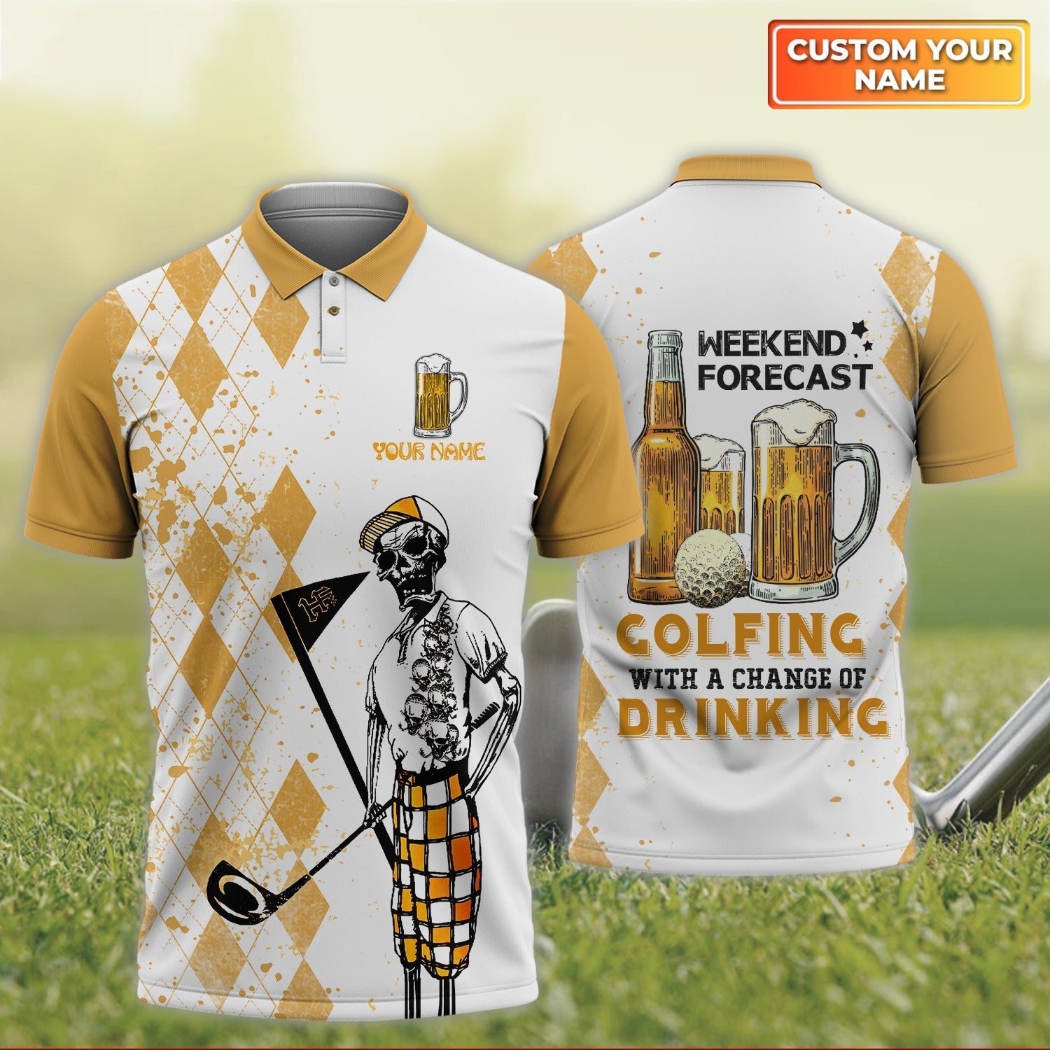 Weekend Forecast Golfing With A Change Of Drinking - Personalized Name 3D Polo ShirtGolfers
