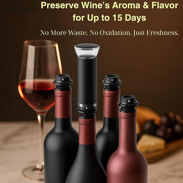 Wine Vacuum Pump & 4 Reusable Stoppers – Airtight Wine Preserver Set Keeps Wine Fresh Up to 15 Days – Manual Wine Saver Bottle Sealer Kit & Gift for Wine Lovers (Black)