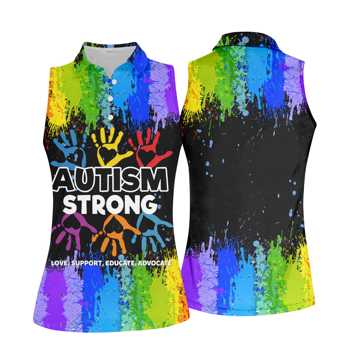 Autism Strong Rainbow Paint Splatter Women's Golf Tops, Autism Awareness Colors Ladies Golf Polos