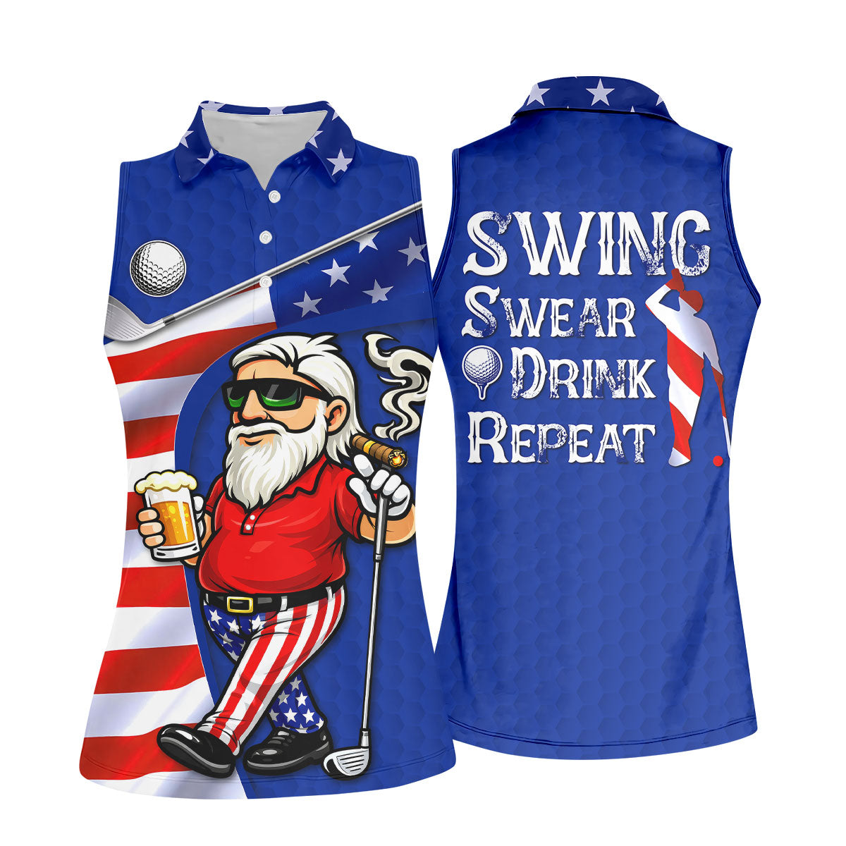 Swing Swear Drink Repeat Golf And Beer Patriotic Man 4th Of July Navy Golf Shirt, 250 Years Women's Golf Tops