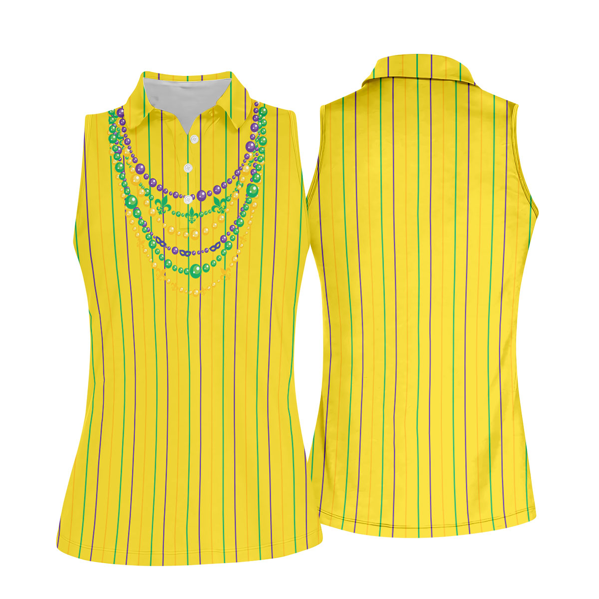 Mardi Gras Beads Necklaces Print Yellow Golf Shirt, Women's Golf Shirts, Ladies Golf Polos, Golf Shirt For Women