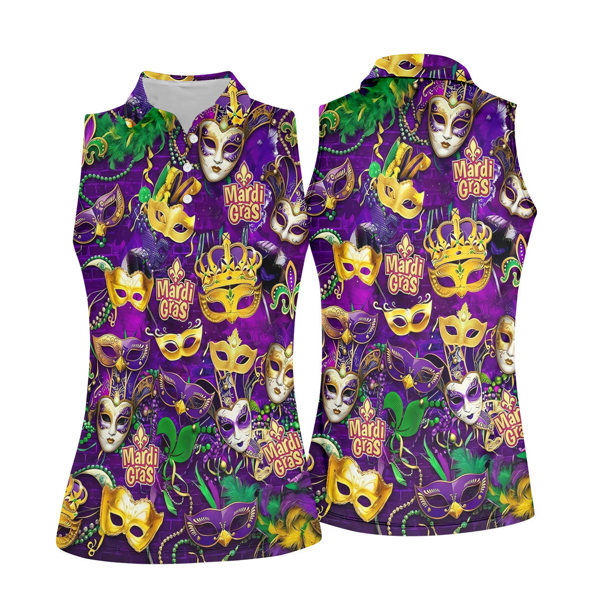Purple Green Gold Festival Mask Mardi Gras Golf Shirt, Women's Golf Tops, Ladies Golf Polos