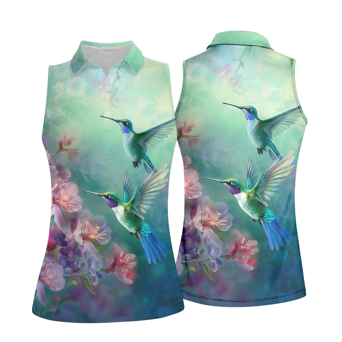 Hummingbird And Floral Garden Polo Shirt, Womens Golf Tops, Golf Shirts For Women