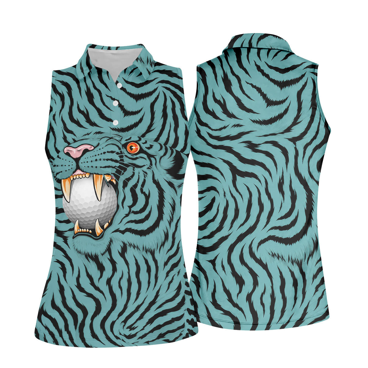 Funny Striped Tiger Biting Golf Ball Polo Shirt, Golf Tops For Women, Women’s Golf Apparel