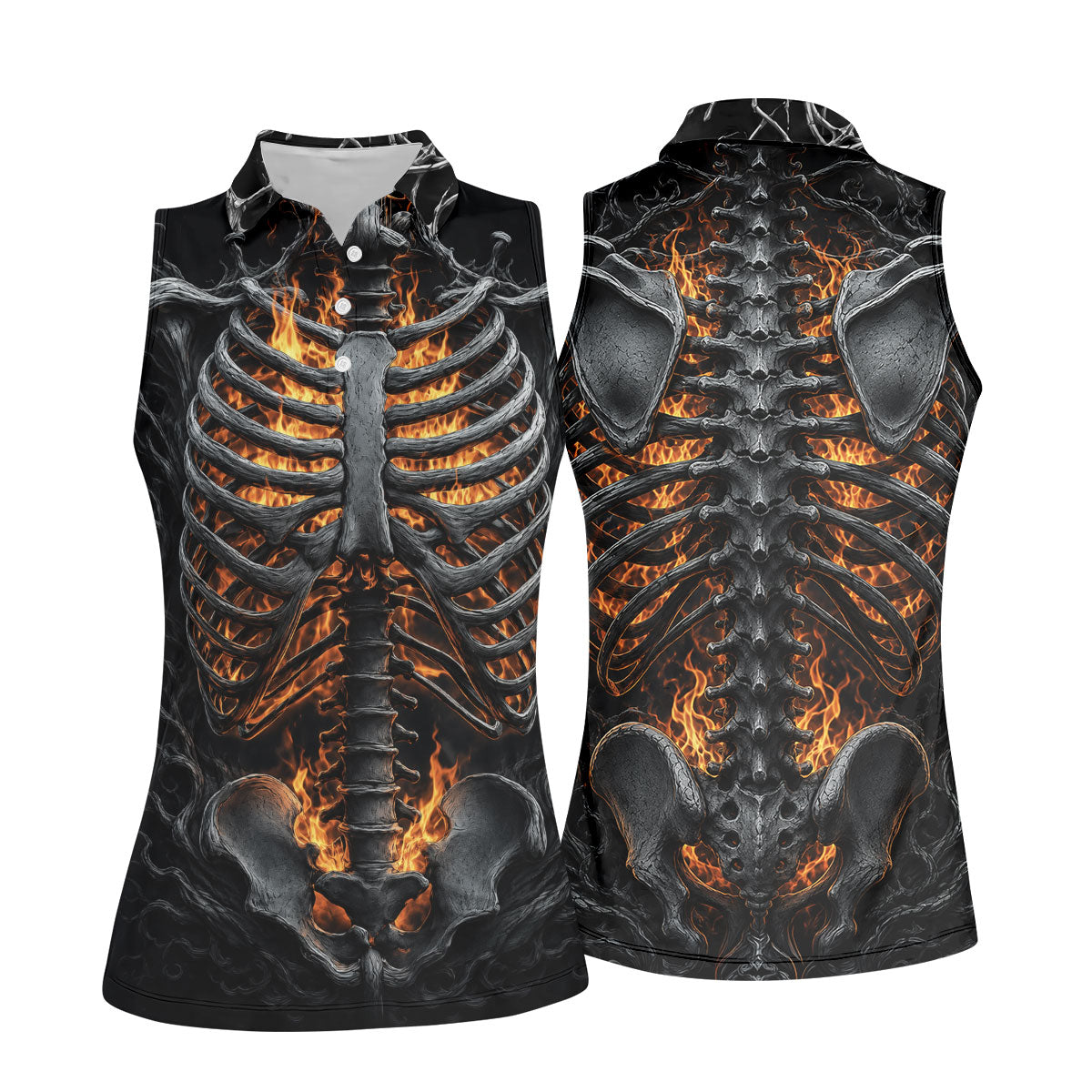 Halloween Fire Skeleton Horror Character Polo Shirt, Ladies Golf Shirts, Womens Golf Tops