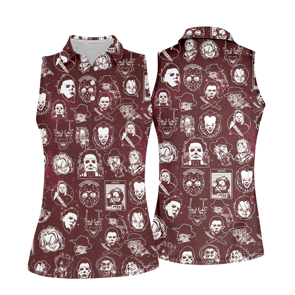 Vintage Halloween Horror Character Pattern Golf Shirt, Women's Golf Polo, Printed Golf Shirt