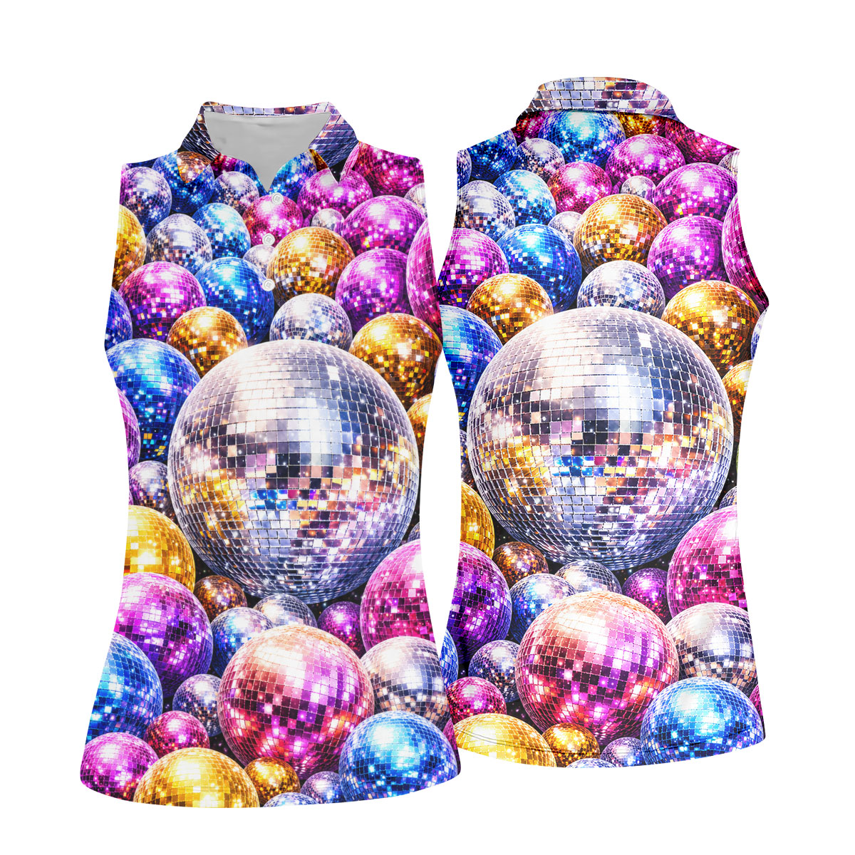 Colorful Disco Ball Party Pattern Polo Shirt, Womens Golf Tops, Golf Shirts For Women