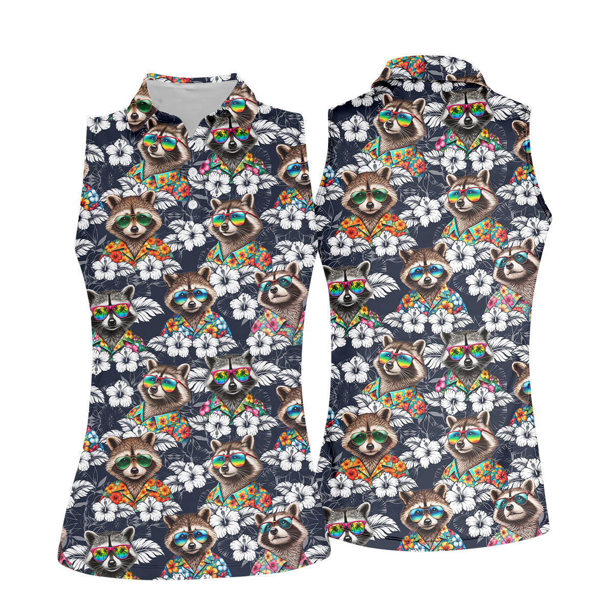 Cool Raccoons in Rainbow Sunglasses Hawaiian Golf Polo, Golf Tops For Women, Golfing Apparel