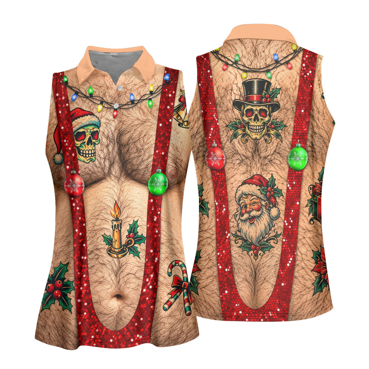 Santa Skull Hairy Chest Christmas Golf Shirt, Womens Golf Tops, Ladies Golf Shirts