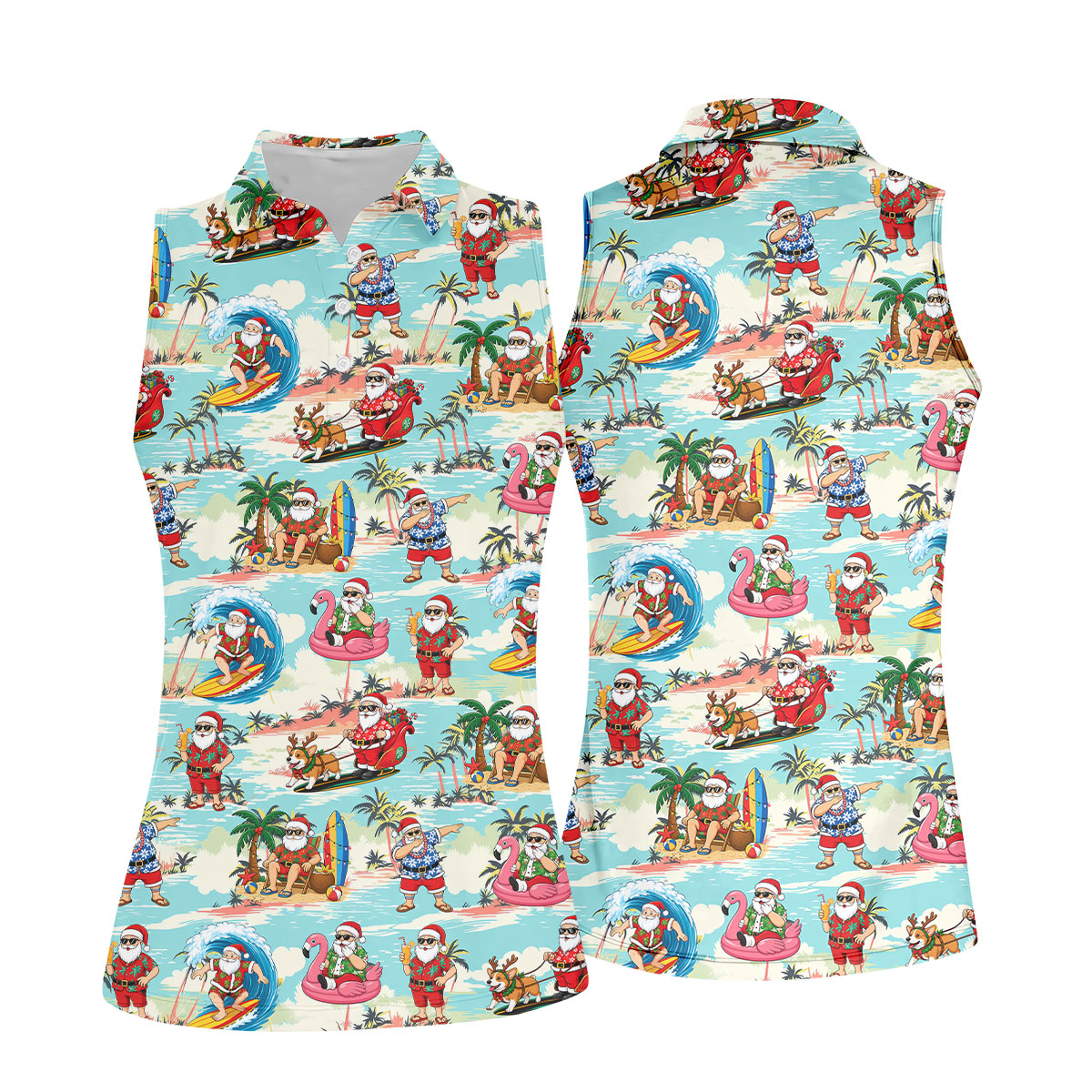 Funny Tropical Santa Beach Christmas Polo Shirt, Womens Golf Polo, Hawaiian Golf Shirt