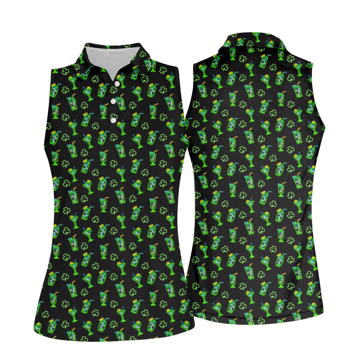 Neon Green Cocktails Three Leaf Clover St Patrick's Day Golf Shirt, Women's Golf Tops, Ladies Golf Shirts