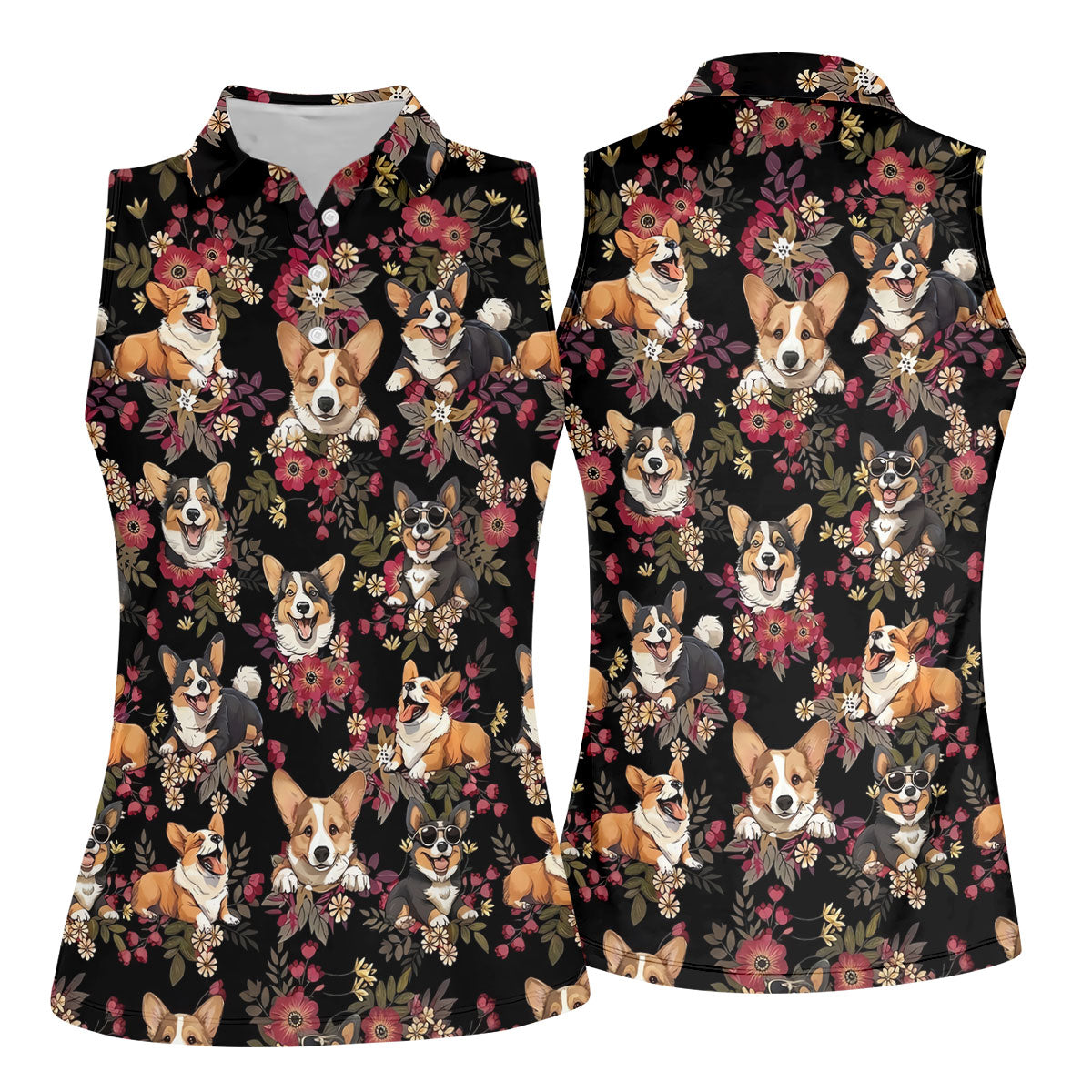 Cute Corgi Floral Hawaiian Pattern Polo Shirt, Womens Golf Polo, Funny Golf Shirt