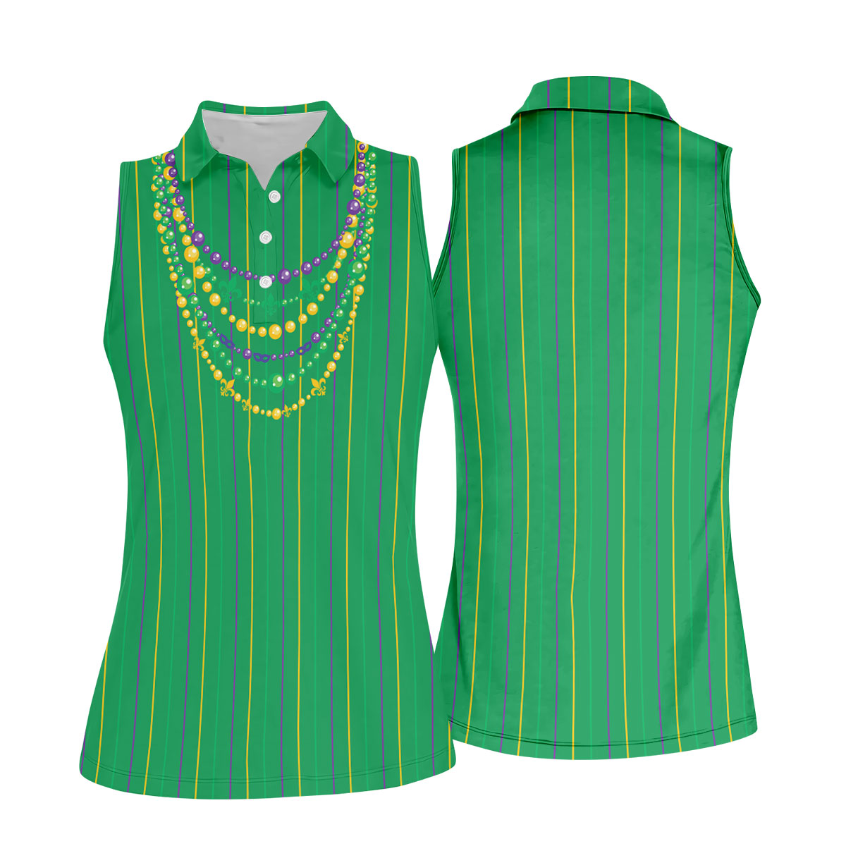 Mardi Gras Beads Necklaces Print Green Golf Shirt, Women's Golf Shirts, Ladies Golf Polos, Golf Shirt For Women