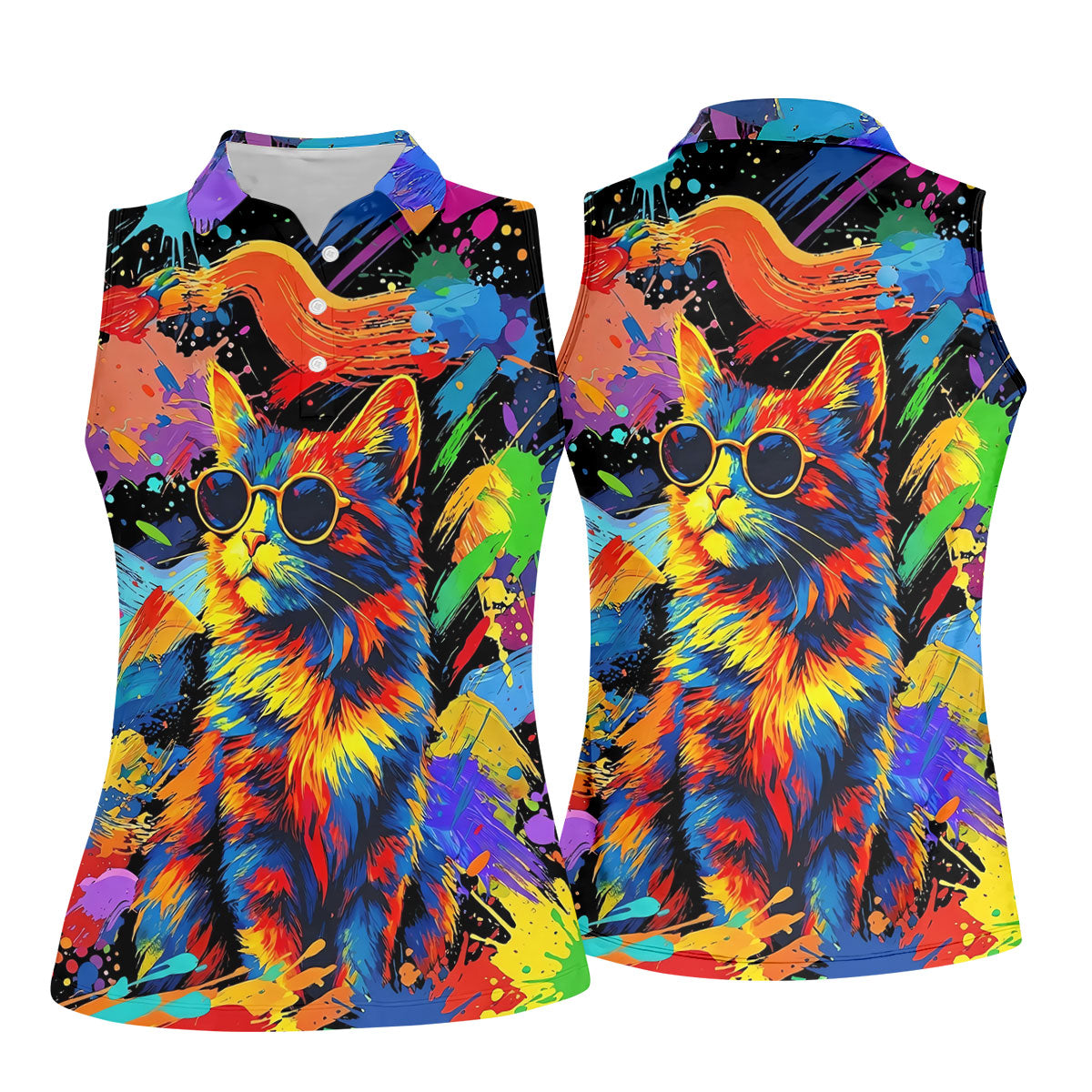 Colorful Cat Sunglasses Paint Splash Golf Shirt, Women's Golf Tops, Performance Golf Shirt