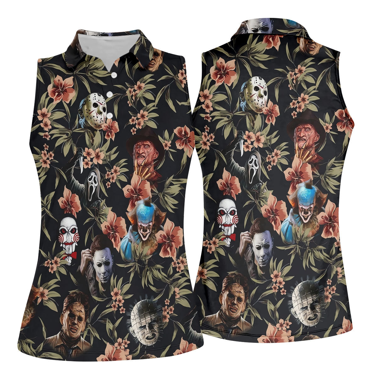 Dark Floral Horror Character Halloween Golf Shirt, Women’s Golf Polo, Printed Golf Shirt