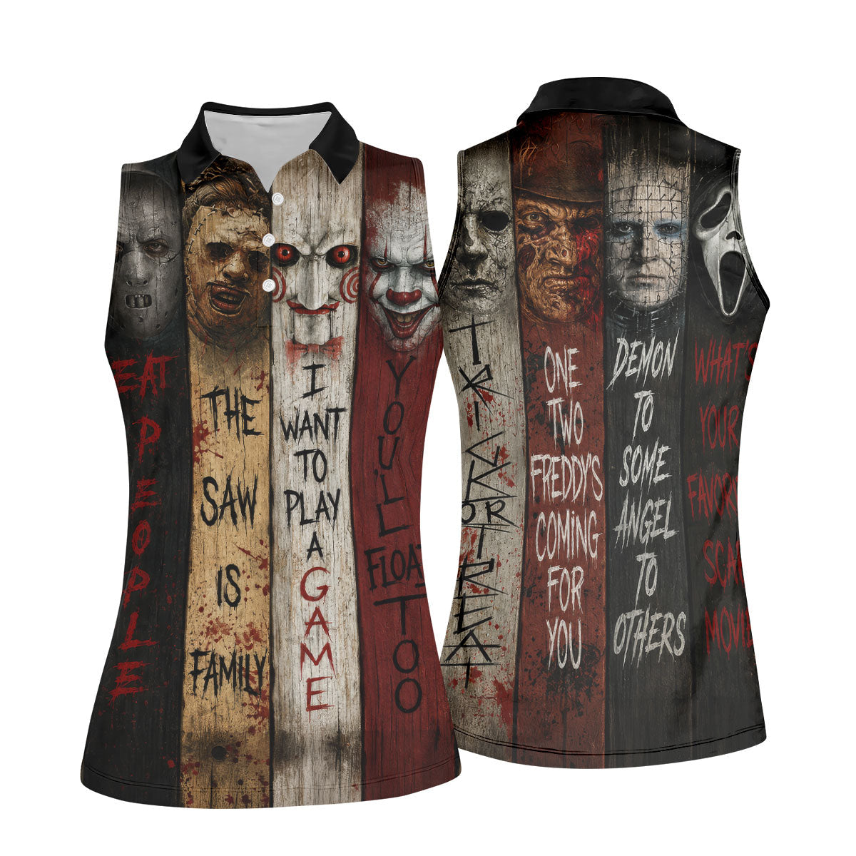 Vintage Wood Panel Horror Character Halloween Golf Shirt, Women's Golf Apparel, Printed Golf Shirt