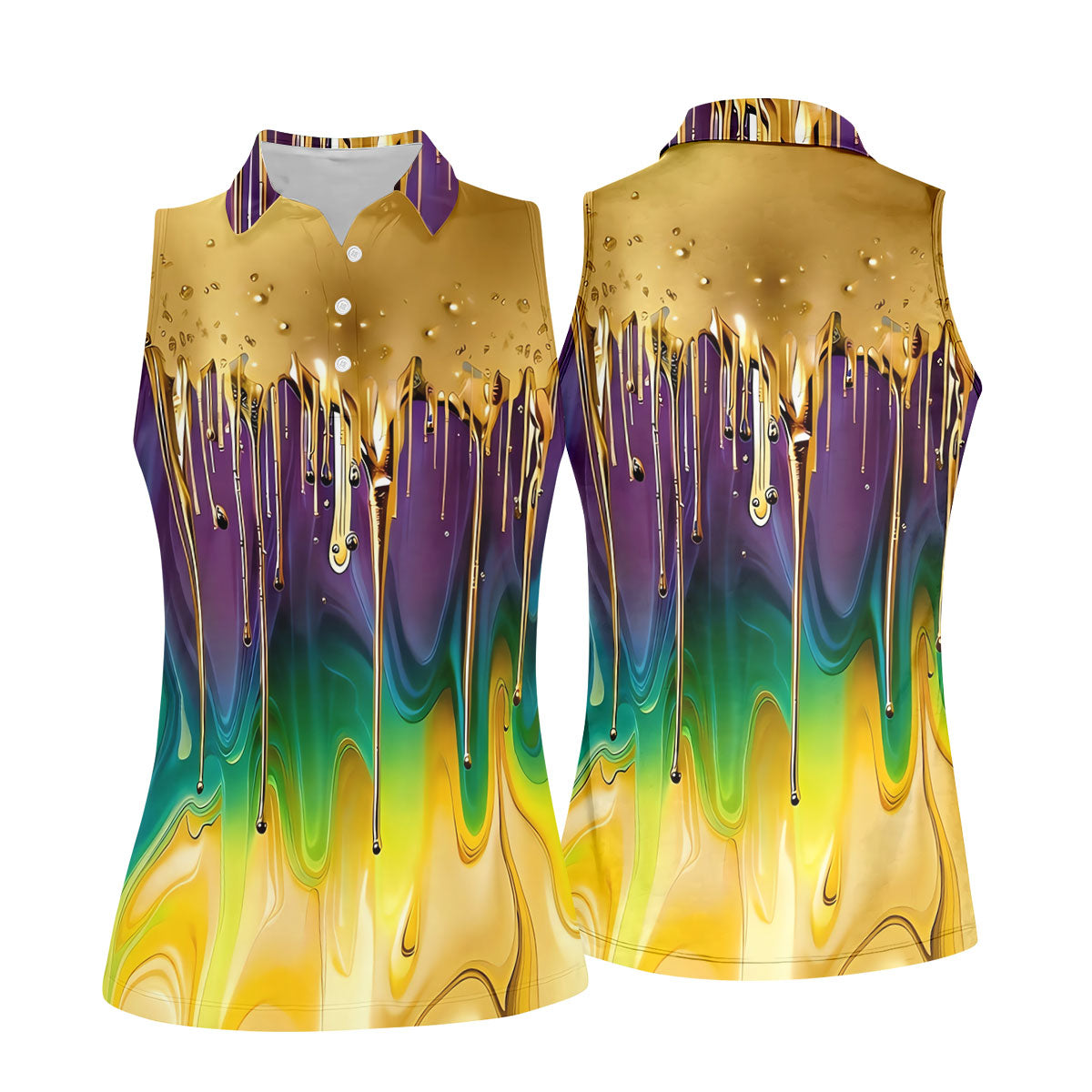 Purple Green Gold Dripping Effect Mardi Gras Golf Shirt, Women's Golf Shirts, Ladies Golf Polos