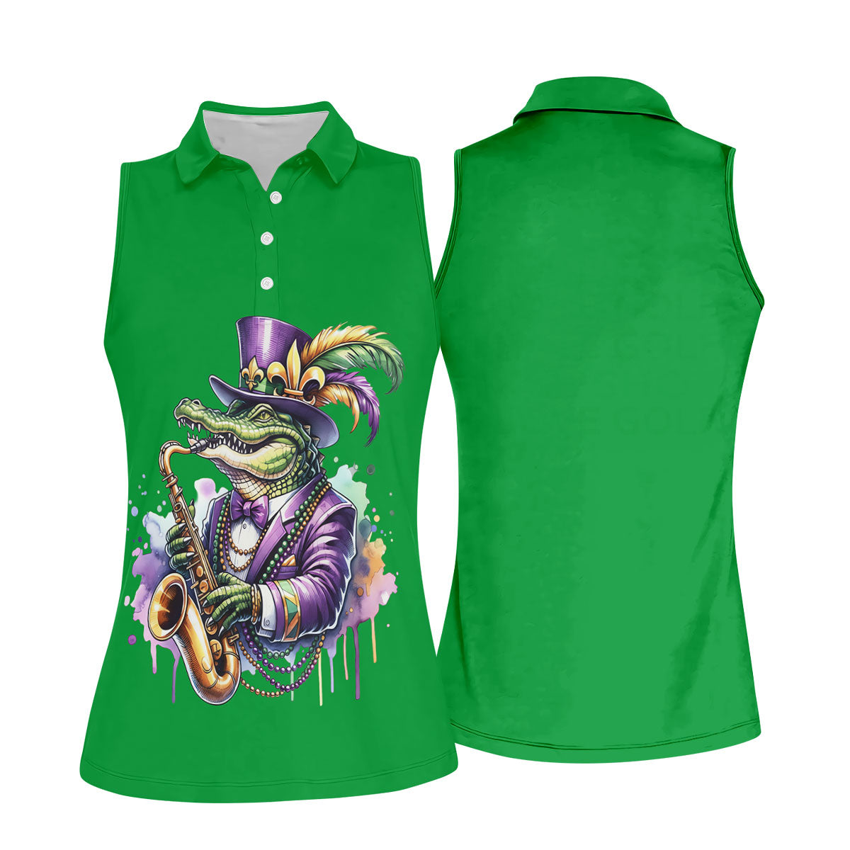 Mardi Gras Alligator Playing Saxophone Green Golf Shirt, Women's Golf Tops, Ladies Golf Shirt