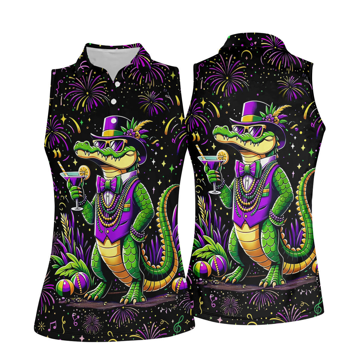 Mardi Gras Aligator Purple Green Gold Confetti Star Women's Golf Shirts, Women's Golf Tops, Ladies Golf Shirts