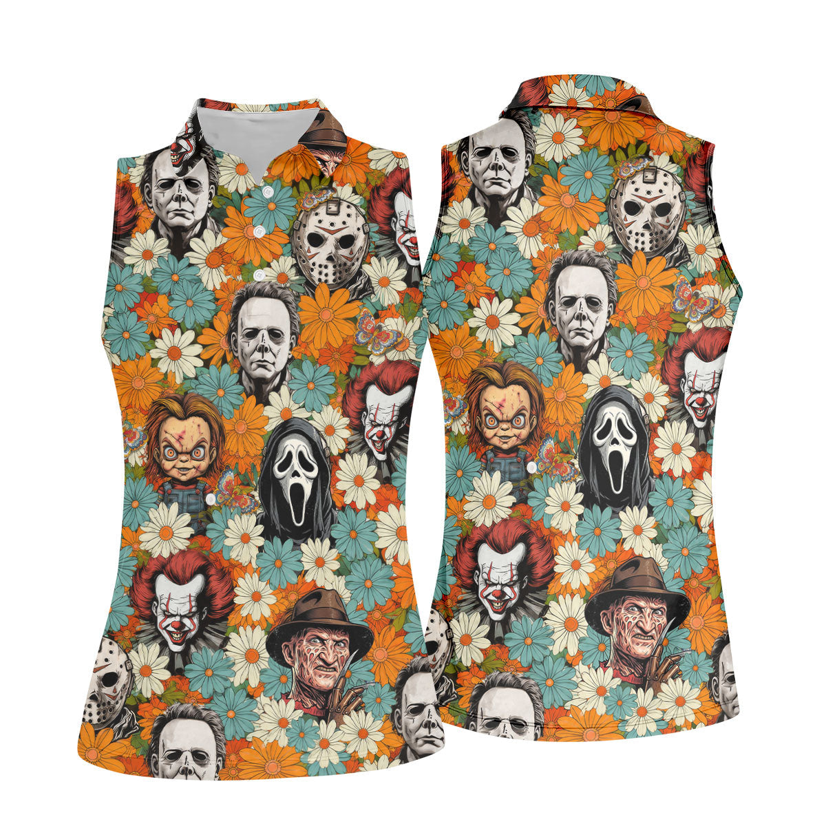 Floral Horror Character Halloween Golf Shirt, Women's Golf Apparel, Printed Golf Shirt