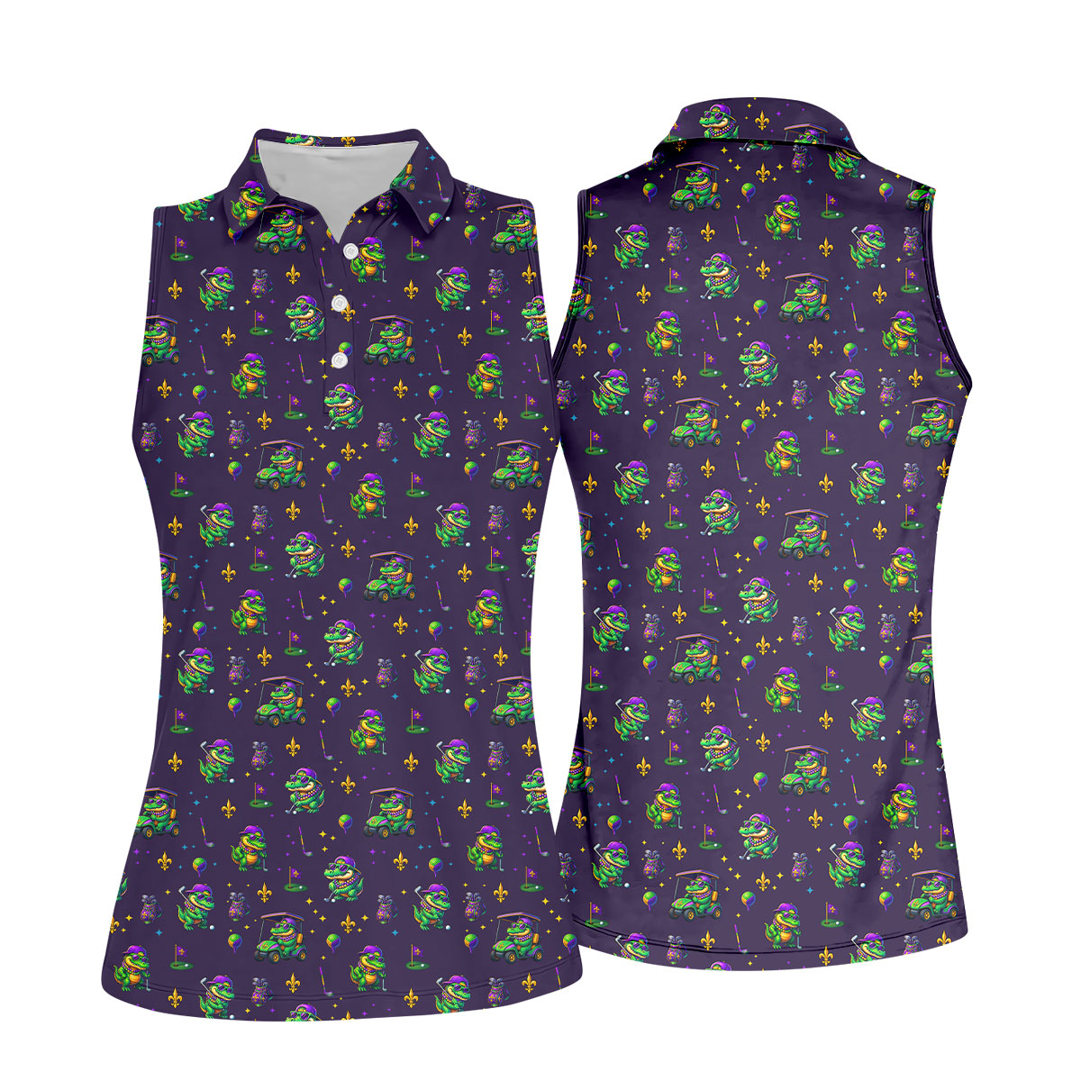 Funny Crocodile Mardi Gras Golf Shirts, Purple Golf Shirt, Festive Women Golf Top, Ladies Golf Shirts