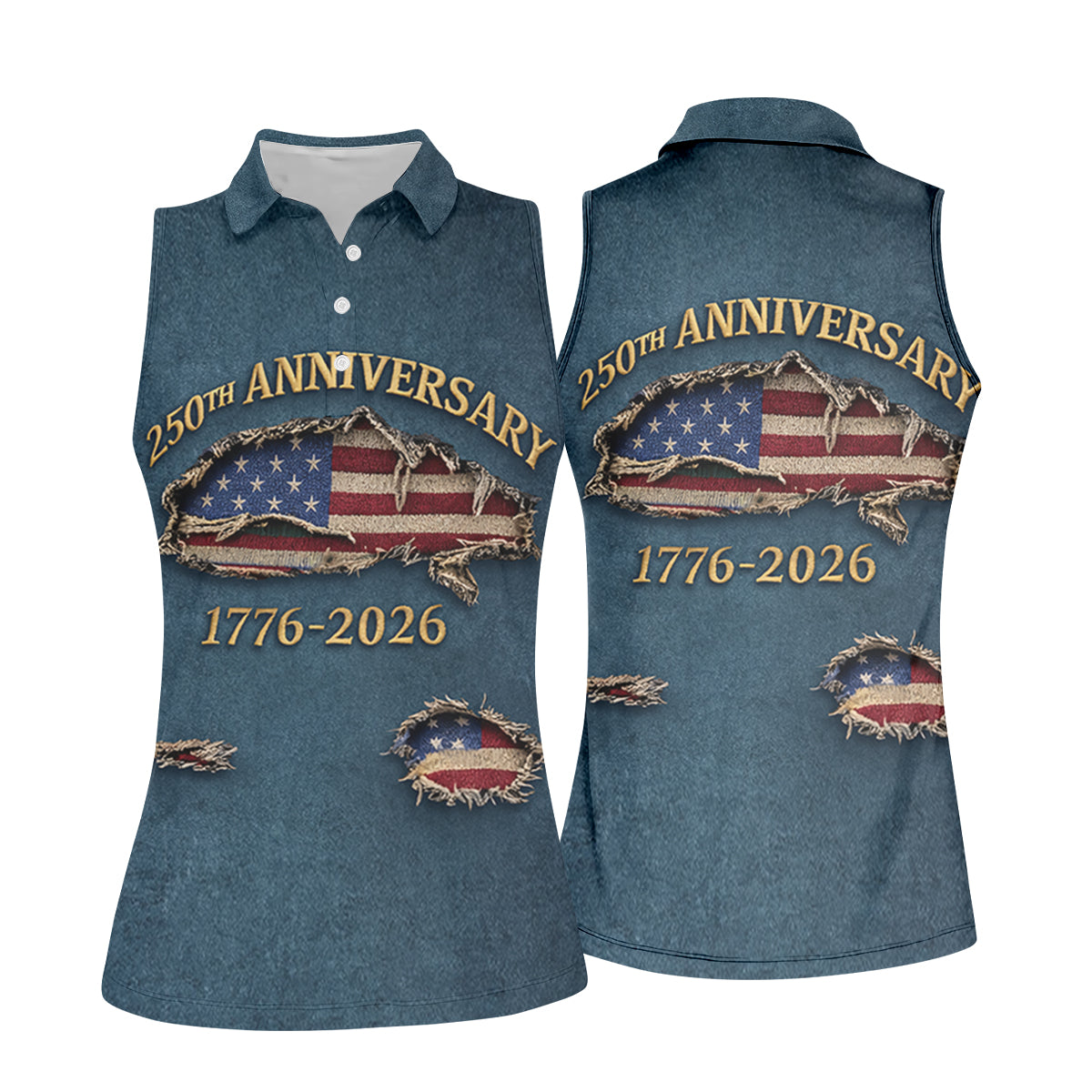Patriotic American Flag 250th Anniversary Blue Denim Color Ripped Effect Women's Golf Tops, Ladies Golf Shirts
