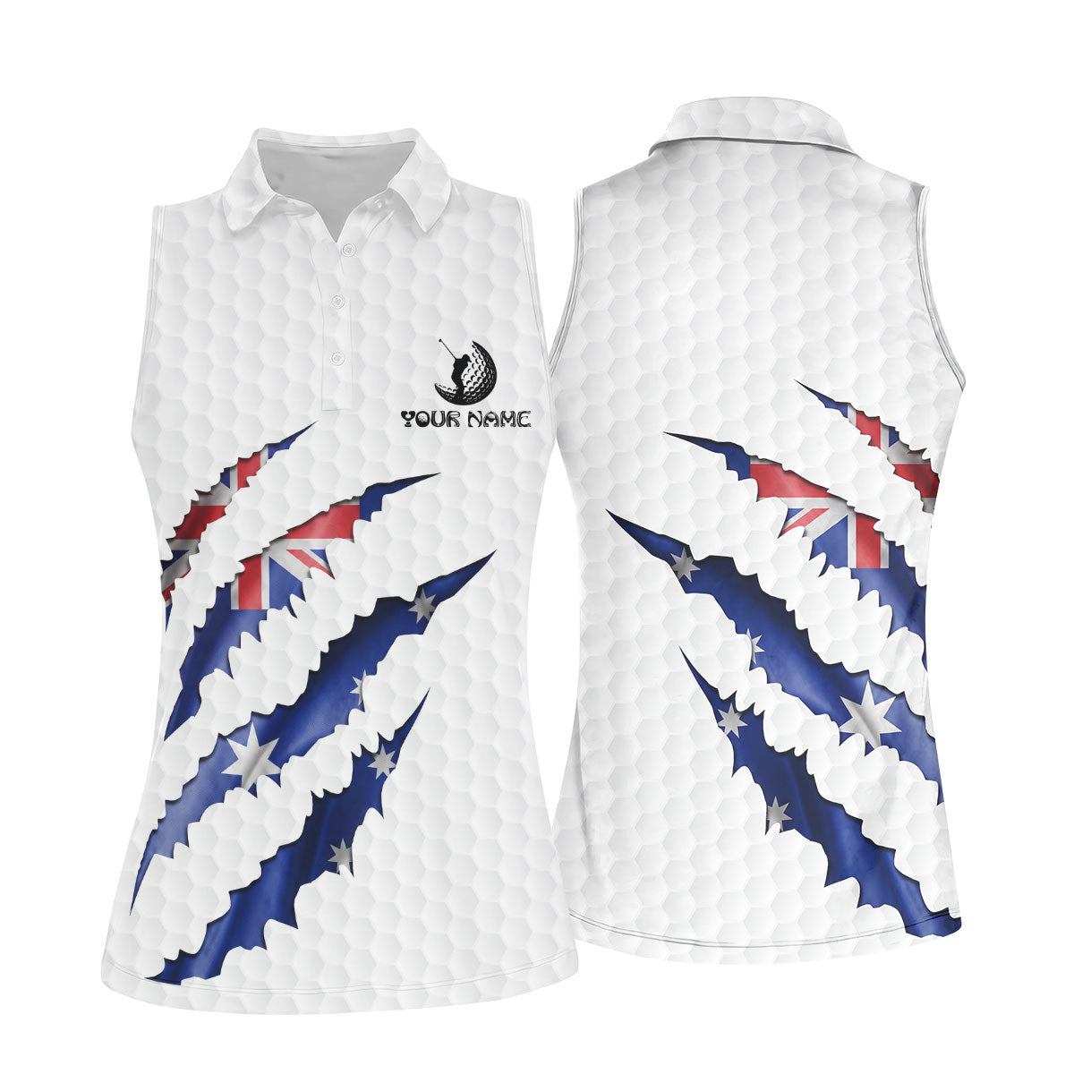 Golf Ball Pattern Australia Flag Print Scratch Effect Ladies Golf Tops, Golf Shirt For Women