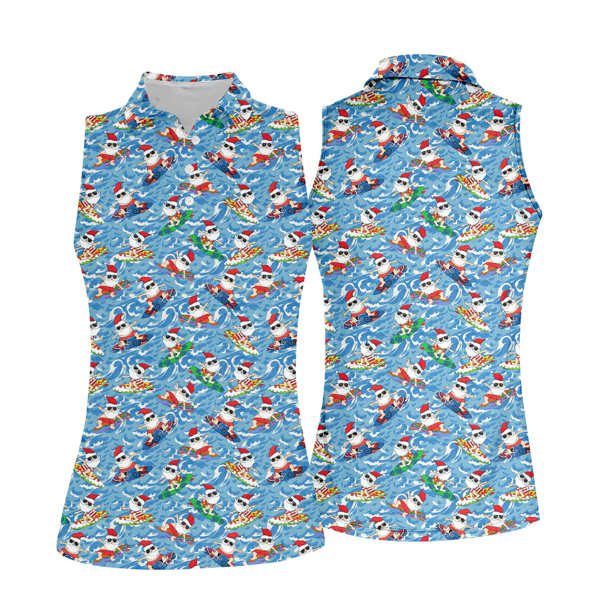 Surfing Santa Christmas Ocean Pattern Polo Shirt, Womens Golf Polo, Christmas Golf Shirt