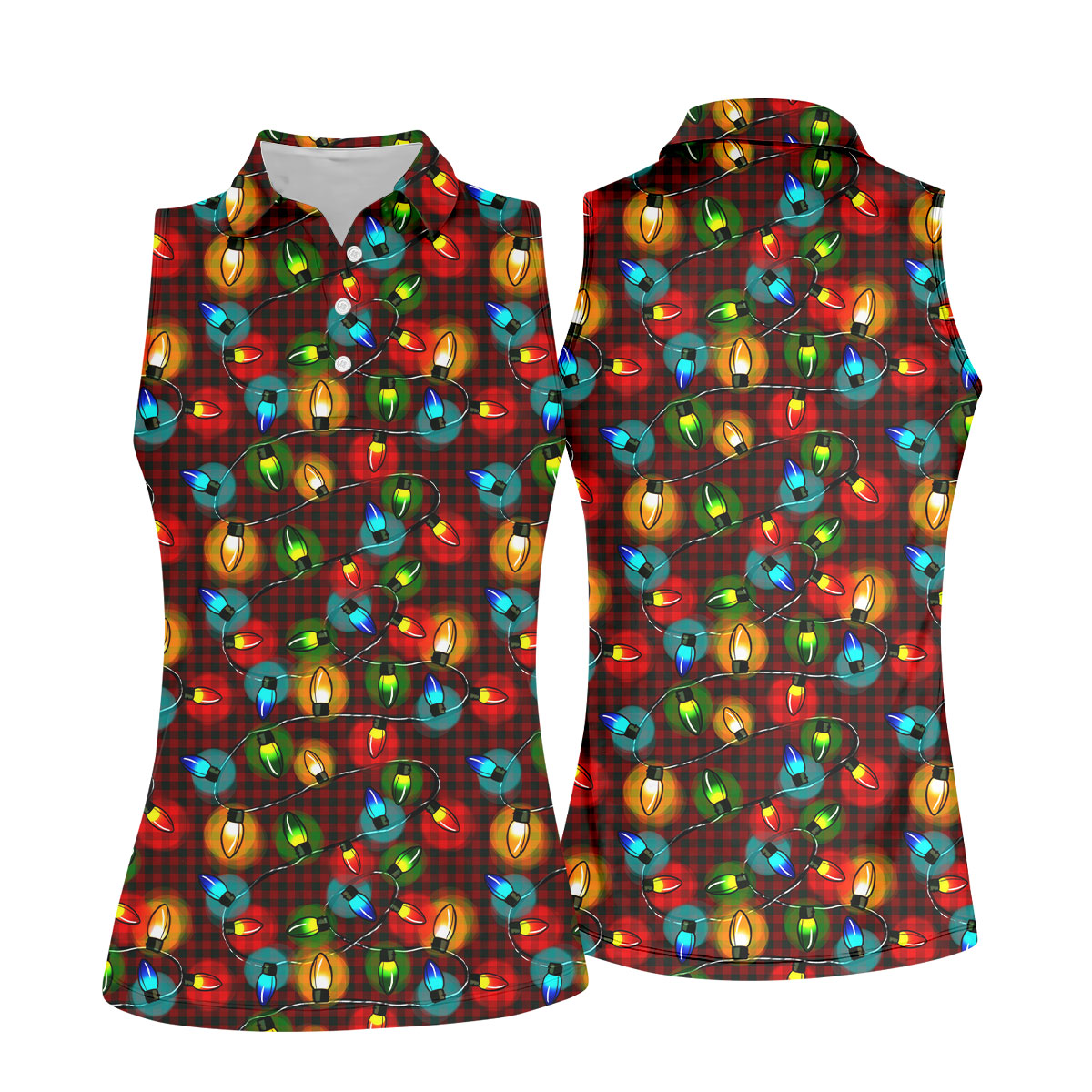 Colorful Christmas Light Plaid Women's Golf Tops, Christmas Golf Shirt, Golf Gift For Ladies