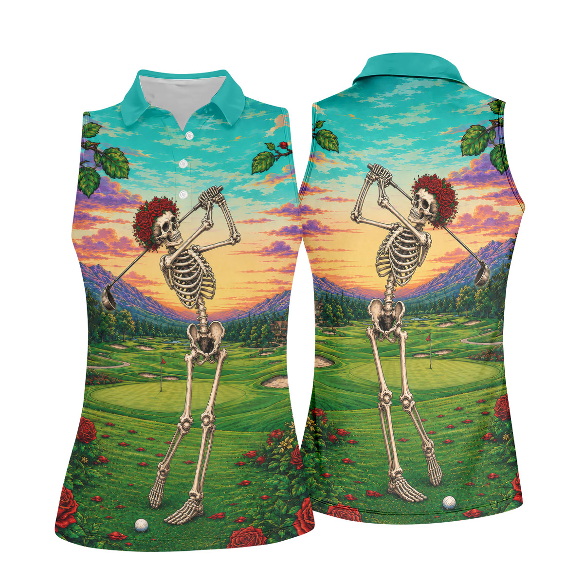 Skeleton Golfer Sunset Golf Course Shirt, Women's Golf Apparel, Halloween Golf Shirt
