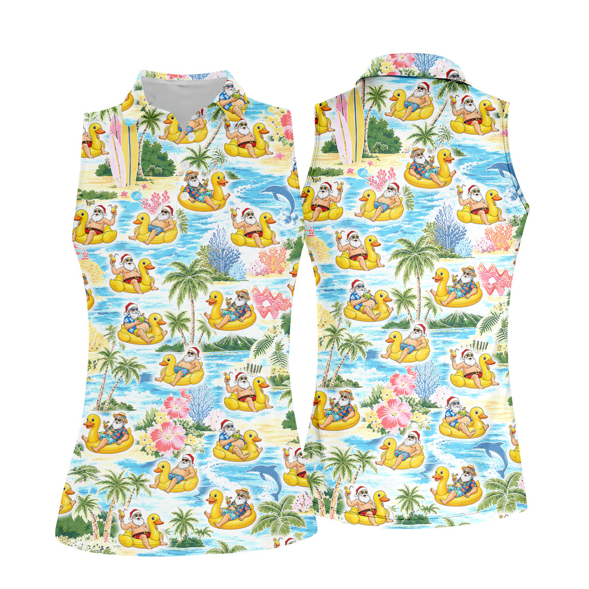 Funny Santa Duck Float Tropical Christmas Polo Shirt, Womens Golf Polo, Hawaiian Golf Shirt
