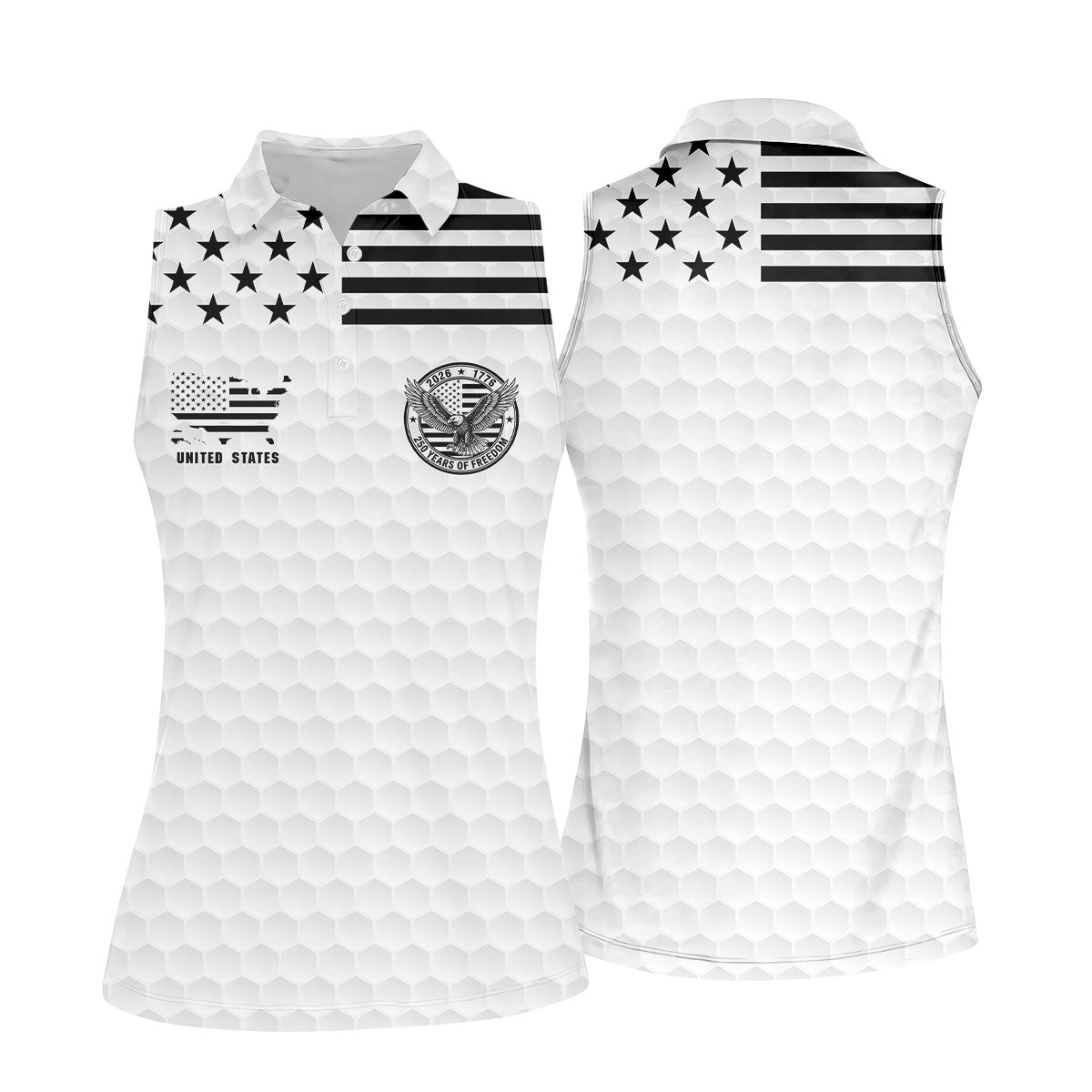 250 Years Of Freedom Golf Ball Pattern White Golf Shirt, 4th Of July Patriotic Golf Shirt For Women