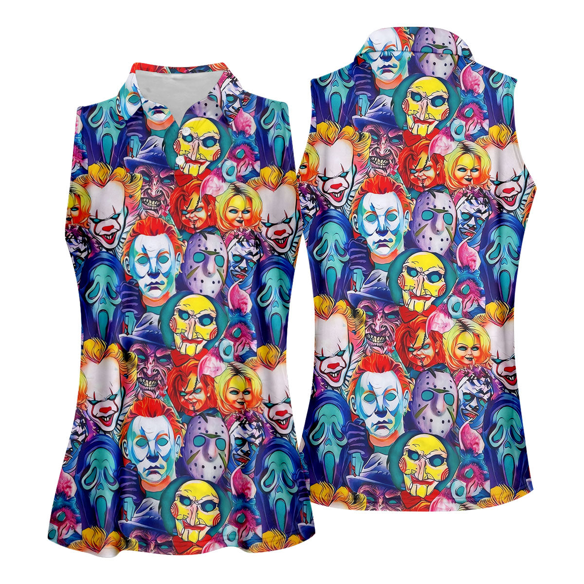 Colorful Horror Character Faces Halloween Polo Shirt, Golf Polo For Women, Ladies Golf Top