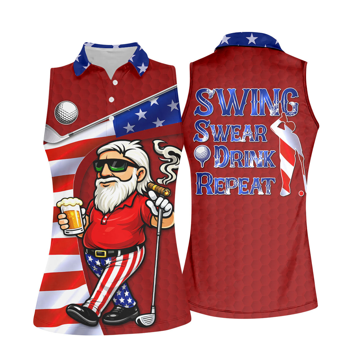 Swing Swear Drink Repeat Golf And Beer Patriotic Man 4th Of July Red Golf Shirt, 250 Years Women's Golf Tops