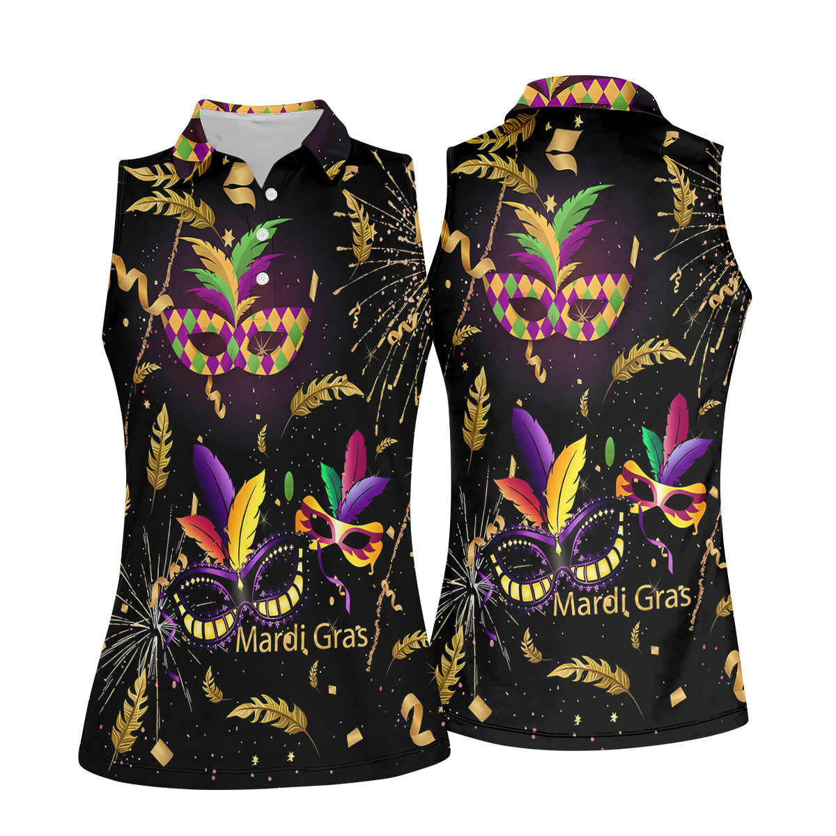 Gold Ribbons Mardi Gras Masquerade Mask Women's Golf Shirts, Women's Golf Tops, Ladies Golf Shirts