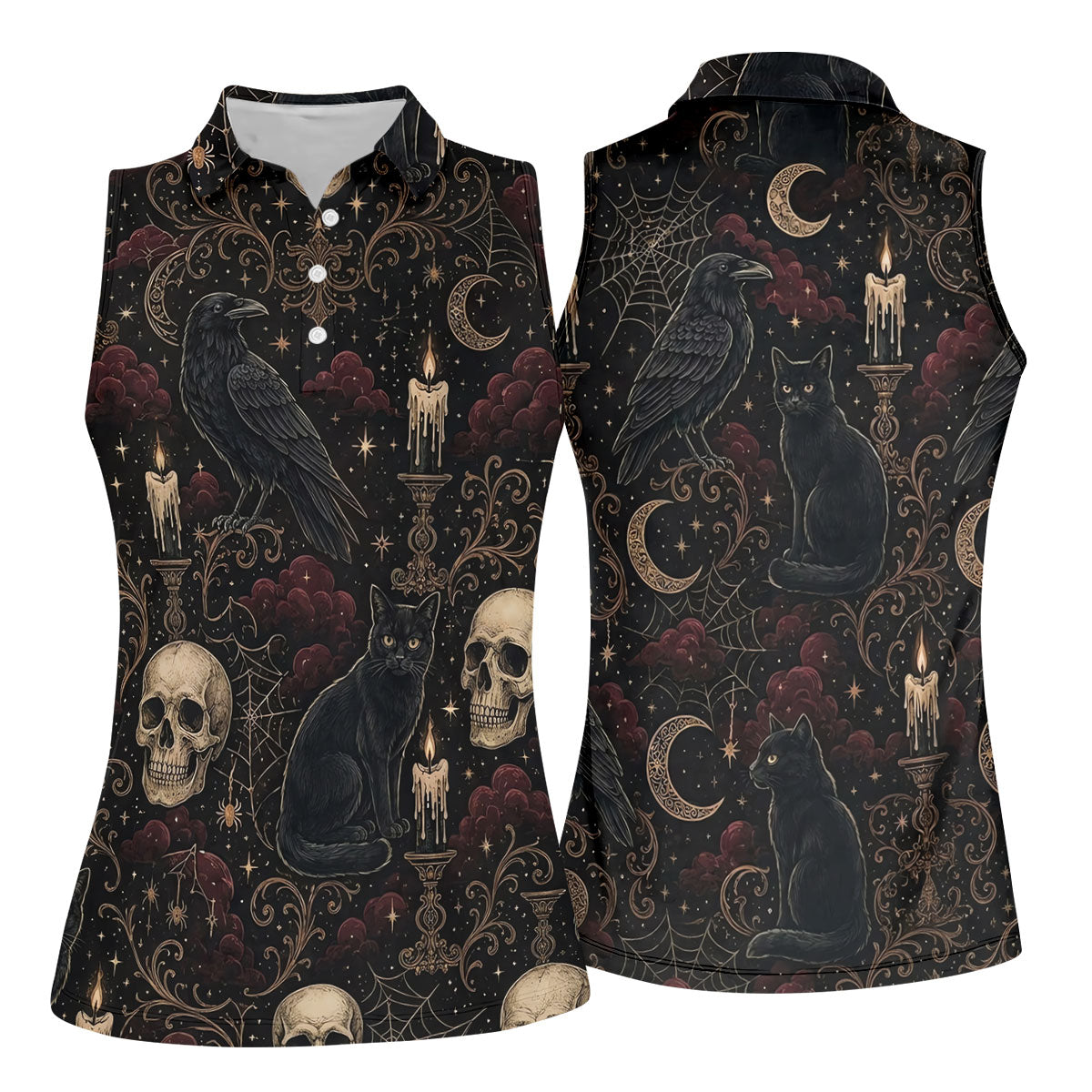Gothic Raven Black Cat Skull Halloween Polo Shirt, Golf Polo For Women, Ladies Golf Shirts