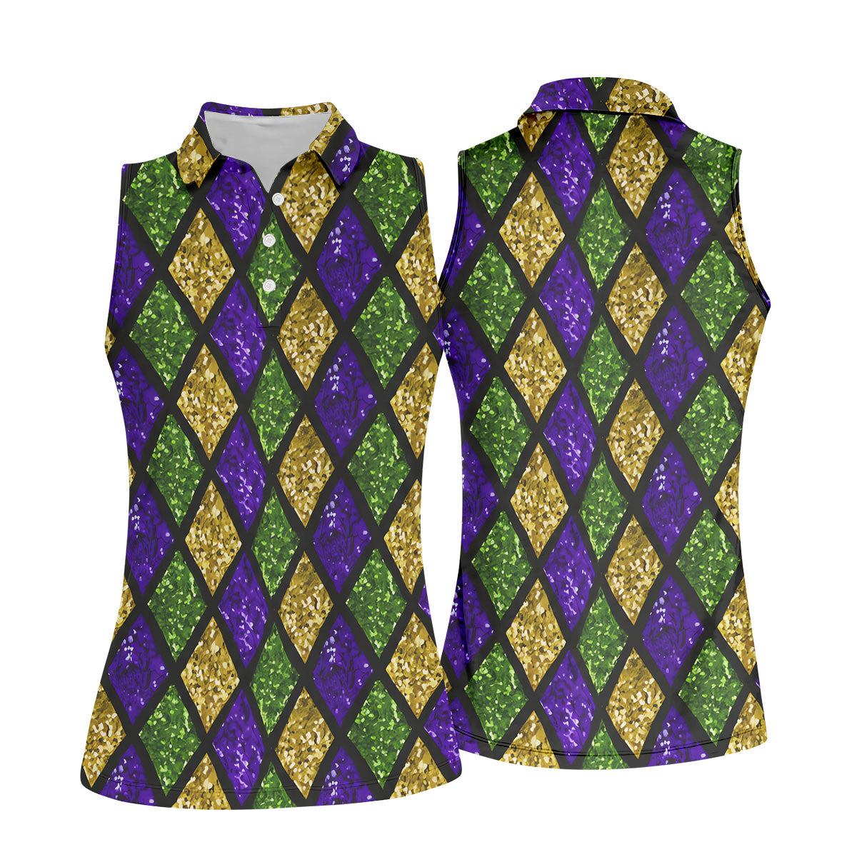 Green Purple Gold Argyle Pattern Sparkling Effect Mardi Gras Golf Shirt, Women's Golf Tops, Ladies Golf Shirts
