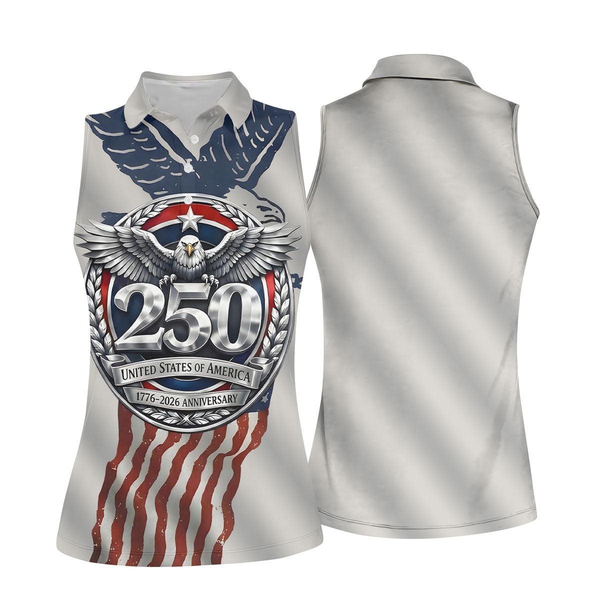 250 US 1776-2026 Anniversary Silver Print Ladies Golf Tops, Patriotic 4th Of July Golf Shirt For Women